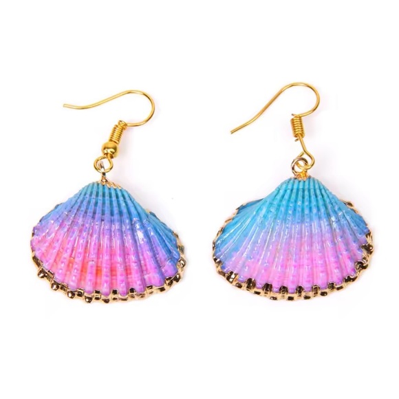 “Ombre Scallop Shell” Pink Blue Bivalve Clam Oyster Gold-Dipped Mermaid Earrings - Picture 5 of 16